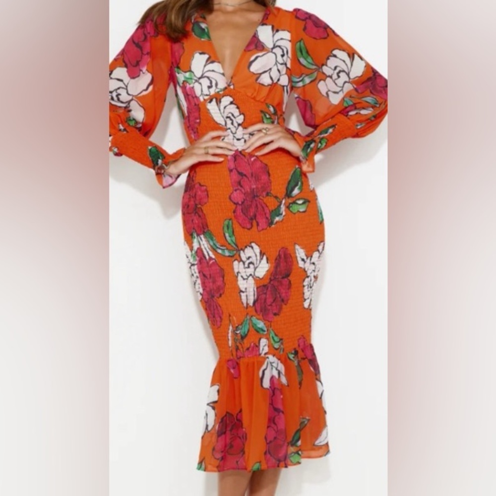 Hello Molly FIESTA VIBED PUFF SLEEVE FLORAL MIDI DRESS - ORANGE: Size Large
